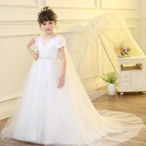 Fawn Floral Embroidery Short Sleeve Girls Princess Wedding Dress