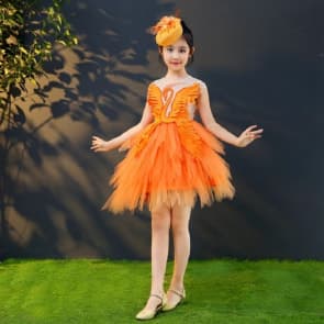 Golda Orange Swan Cap Sleeve Girls Wedding Princess Tutu Dress