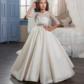 Vivien Floral Lace Half Sleeve with Rhinestone Girls Wedding Princess Dress