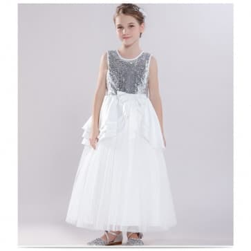 Brenna Silver Sequin Sleeveless Girls Princess Wedding Dress